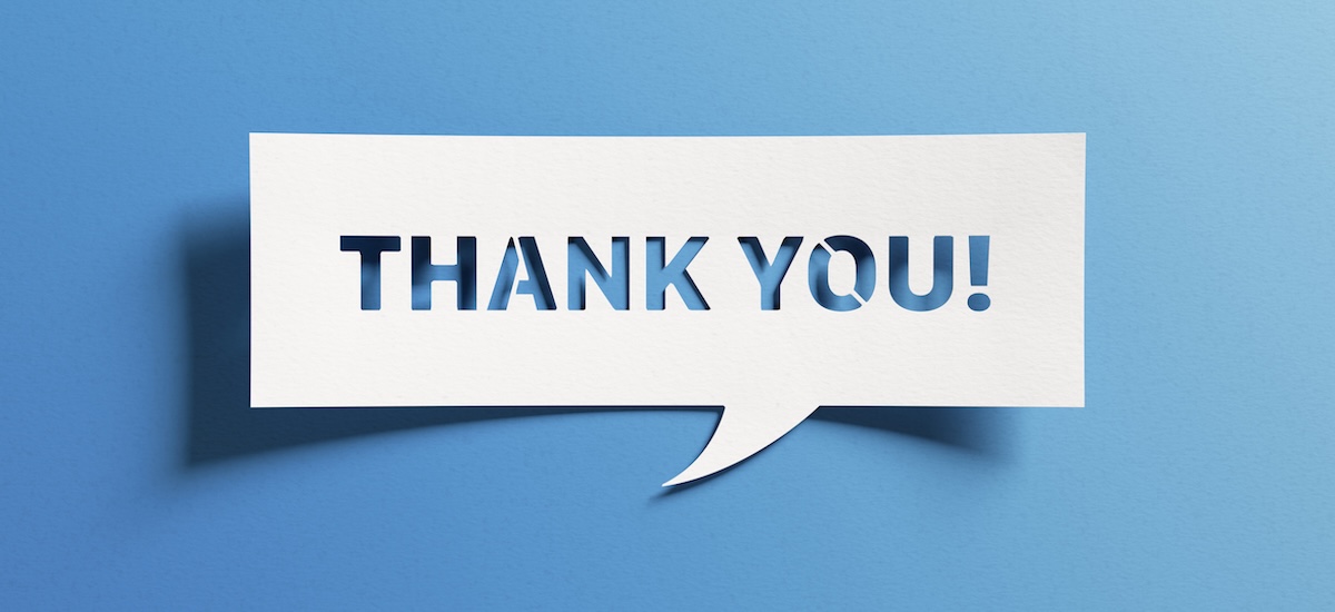 Thank you message for card, presentation, business. Expressing gratitude, acknowledgment and appreciation. Minimalist abstract design with white cut out paper on blue background.