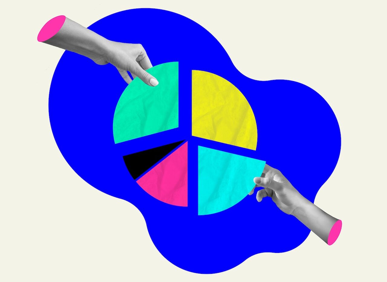 Human hands working with round graph, company analytics. Development of successful enterprise. Contemporary art collage. Concept of teamwork, business, office, occupation, cooperation